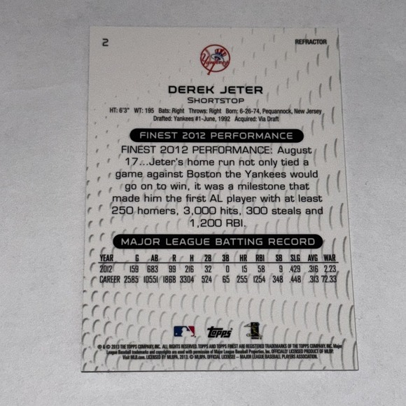 2013 Topps Finest Baseball Derek Jeter Green Refractor /199 SP #2 Yankees